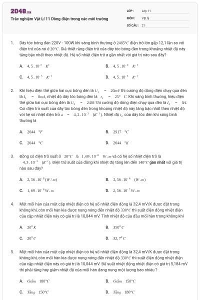 Trắc nghiệm Vật Lí 11 Dòng điện trong các môi trường