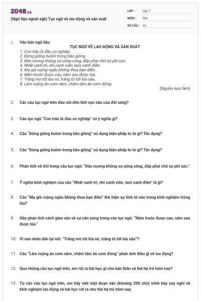 (Ngữ liệu ngoài sgk) Tục ngữ về lao động và sản xuất