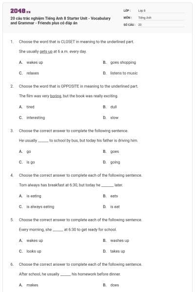 20 câu trắc nghiệm Tiếng Anh 8 Starter Unit - Vocabulary and Grammar - Friends plus có đáp án