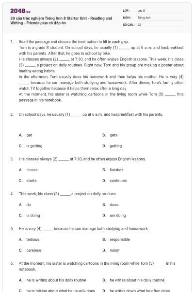 20 câu trắc nghiệm Tiếng Anh 8 Starter Unit - Reading and Writing - Friends plus có đáp án
