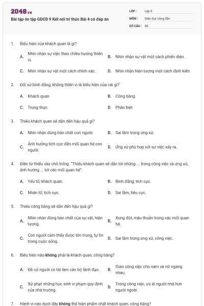 Bài tập ôn tập GDCD 9 Kết nối tri thức Bài 4 có đáp án