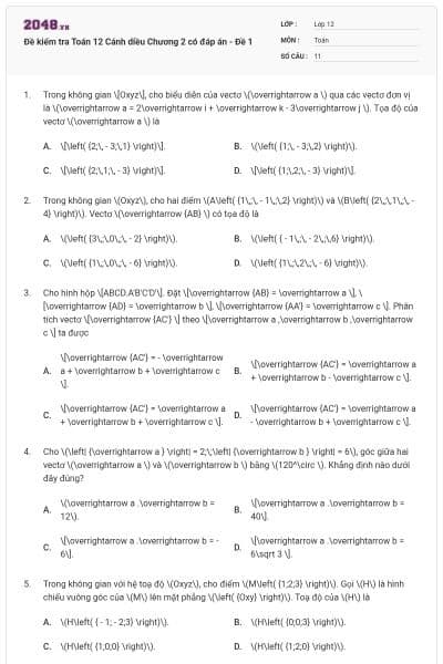 Đề kiểm tra Toán 12 Cánh diều Chương 2 có đáp án - Đề 1