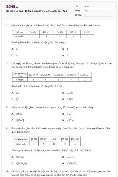 Đề kiểm tra Toán 12 Cánh diều Chương 3 có đáp án - Đề 2