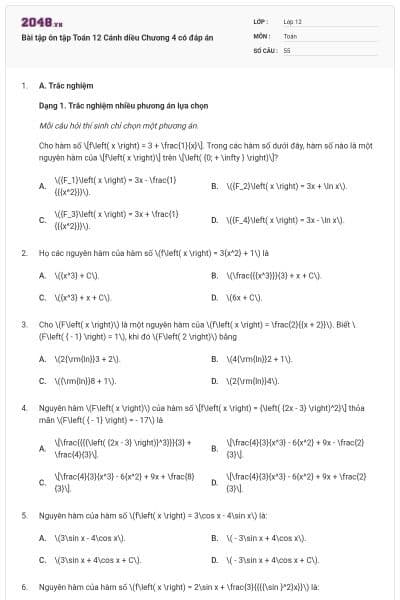 Bài tập ôn tập Toán 12 Cánh diều Chương 4 có đáp án