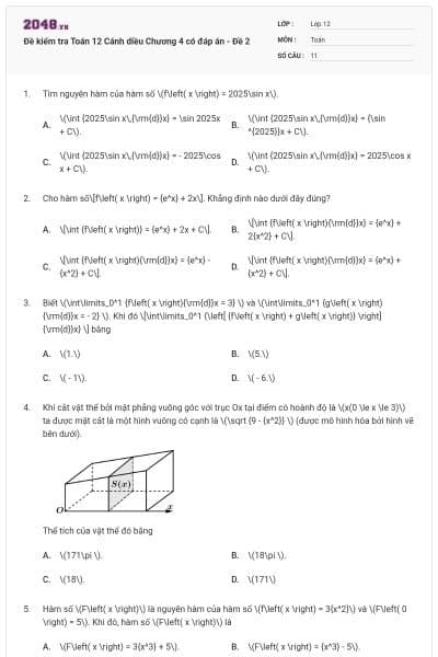 Đề kiểm tra Toán 12 Cánh diều Chương 4 có đáp án - Đề 2