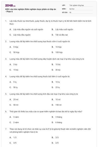 600+ câu trắc nghiệm Kiểm nghiệm dược phẩm có đáp án - Phần 6