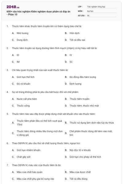600+ câu trắc nghiệm Kiểm nghiệm dược phẩm có đáp án - Phần 10