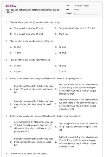 600+ câu trắc nghiệm Kiểm nghiệm dược phẩm có đáp án - Phần 12