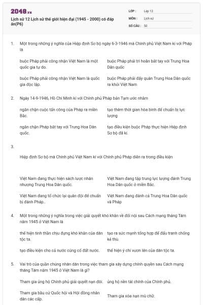 Lịch sử 12 Lịch sử thế giới hiện đại (1945 - 2000) có đáp án(P6)