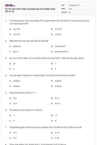 ĐỀ THI THỬ THPT QUỐC GIA NĂM HỌC 2019 MÔN TOÁN (Đề số 10)