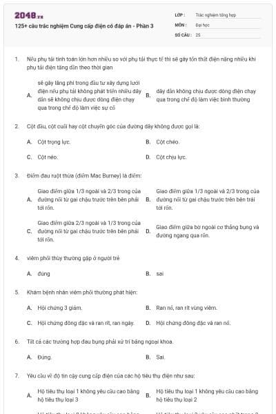 125+ câu trắc nghiệm Cung cấp điện có đáp án - Phần 3