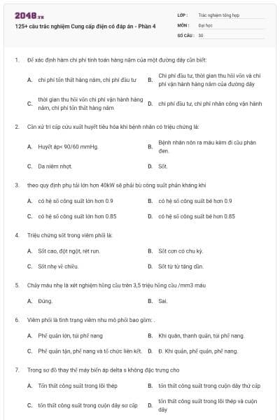 125+ câu trắc nghiệm Cung cấp điện có đáp án - Phần 4