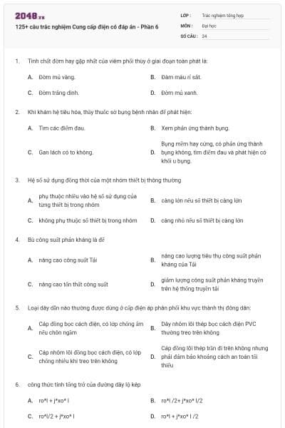 125+ câu trắc nghiệm Cung cấp điện có đáp án - Phần 6