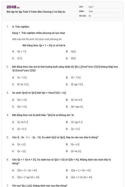 Bài tập ôn tập Toán 9 Cánh diều Chương 2 có đáp án