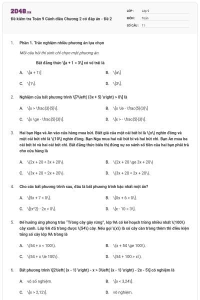 Đề kiểm tra Toán 9 Cánh diều Chương 2 có đáp án - Đề 2