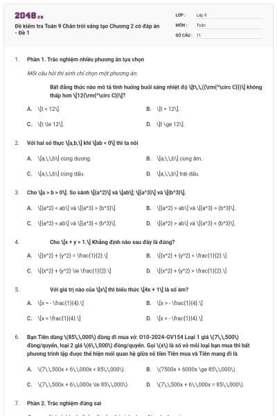 Đề kiểm tra Toán 9 Chân trời sáng tạo Chương 2 có đáp án - Đề 1