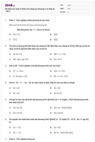 Đề kiểm tra Toán 9 Chân trời sáng tạo Chương 2 có đáp án - Đề 2