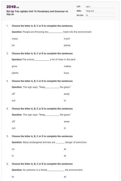 Bài tập Trắc nghiệm Unit 16 Vocabulary and Grammar có đáp án