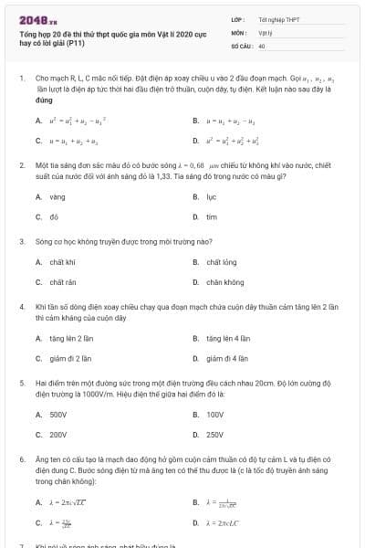 Tổng hợp 20 đề thi thử thpt quốc gia môn Vật lí 2020 cực hay có lời giải (P11)