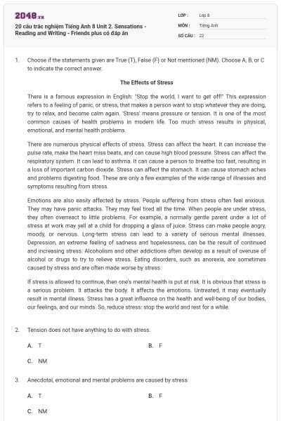 20 câu trắc nghiệm Tiếng Anh 8 Unit 2. Sensations - Reading and Writing - Friends plus có đáp án