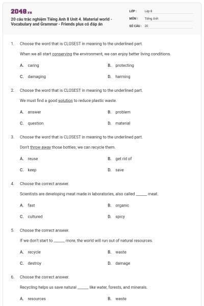 20 câu trắc nghiệm Tiếng Anh 8 Unit 4. Material world - Vocabulary and Grammar - Friends plus có đáp án