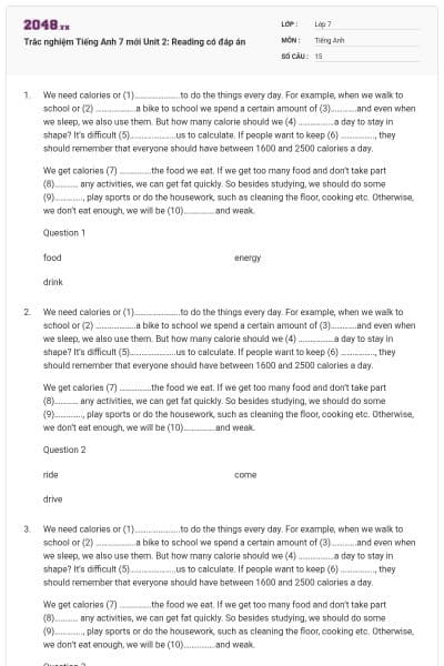 Trắc nghiệm Tiếng Anh 7 mới Unit 2: Reading có đáp án