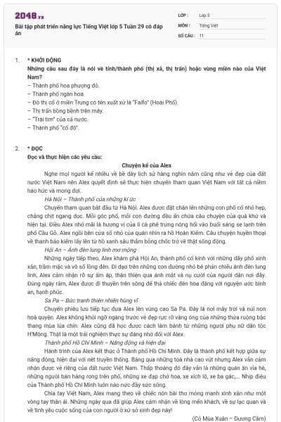 Bài tập phát triển năng lực Tiếng Việt lớp 5 Tuần 29 có đáp án