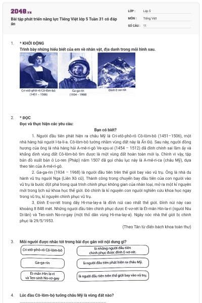 Bài tập phát triển năng lực Tiếng Việt lớp 5 Tuần 31 có đáp án