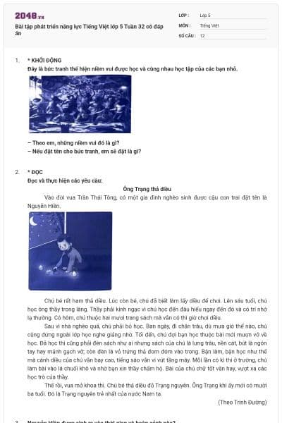 Bài tập phát triển năng lực Tiếng Việt lớp 5 Tuần 32 có đáp án