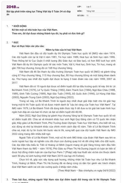 Bài tập phát triển năng lực Tiếng Việt lớp 5 Tuần 34 có đáp án