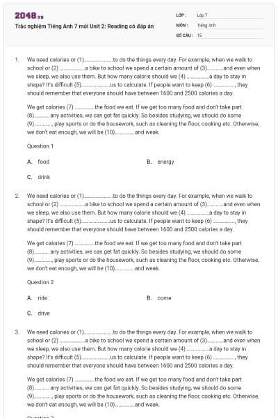 Trắc nghiệm Tiếng Anh 7 mới Unit 2: Reading có đáp án
