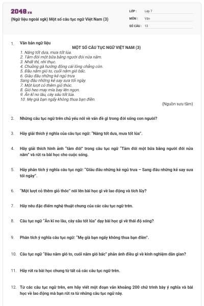 (Ngữ liệu ngoài sgk) Một số câu tục ngữ Việt Nam (3)