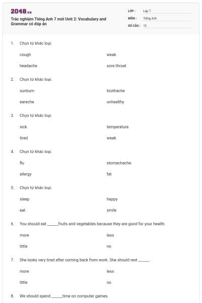 Trắc nghiệm Tiếng Anh 7 mới Unit 2: Vocabulary and Grammar có đáp án