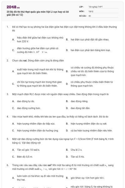 20 Bộ đề thi thử thpt quốc gia môn Vật Lí cực hay có lời giải (Đề số 12)