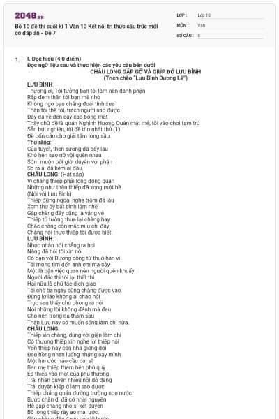 Bộ 10 đề thi cuối kì 1 Văn 10 Kết nối tri thức cấu trúc mới có đáp án - Đề 7