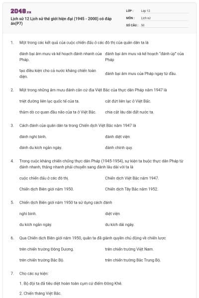 Lịch sử 12 Lịch sử thế giới hiện đại (1945 - 2000) có đáp án(P7)