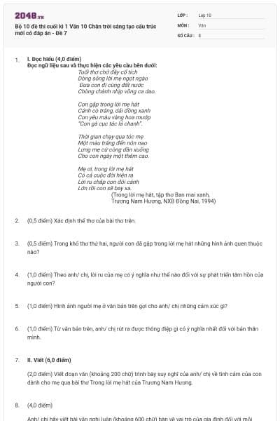 Bộ 10 đề thi cuối kì 1 Văn 10 Chân trời sáng tạo cấu trúc mới có đáp án - Đề 7