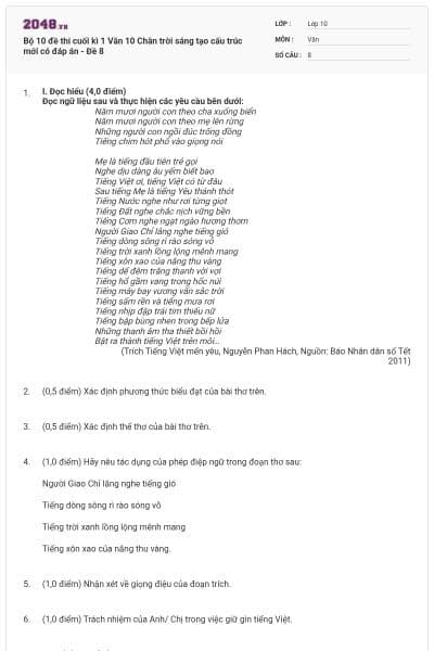 Bộ 10 đề thi cuối kì 1 Văn 10 Chân trời sáng tạo cấu trúc mới có đáp án - Đề 8