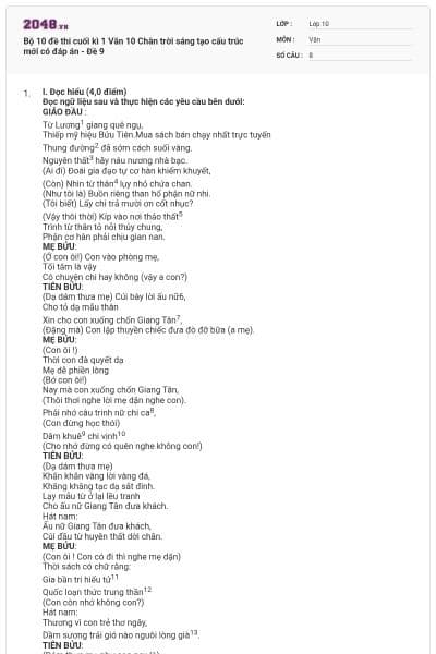 Bộ 10 đề thi cuối kì 1 Văn 10 Chân trời sáng tạo cấu trúc mới có đáp án - Đề 9