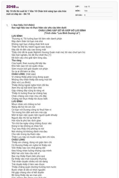 Bộ 10 đề thi cuối kì 1 Văn 10 Chân trời sáng tạo cấu trúc mới có đáp án - Đề 10