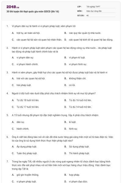 30 Đề luyện thi thpt quốc gia môn GDCD (Đề 16)