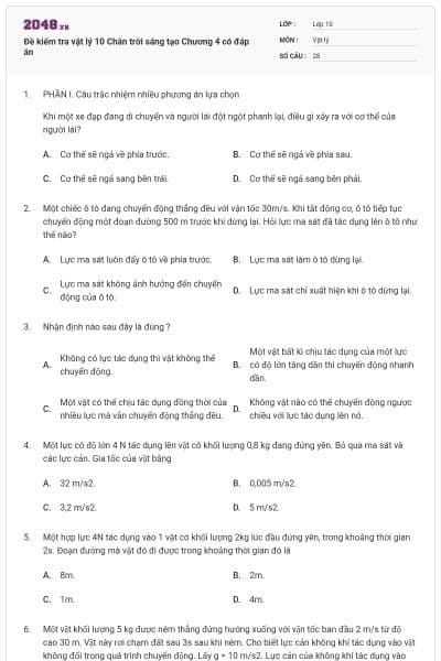 Đề kiểm tra vật lý 10 Chân trời sáng tạo Chương 4 có đáp án