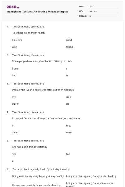 Trắc nghiệm Tiếng Anh 7 mới Unit 2: Writing có đáp án
