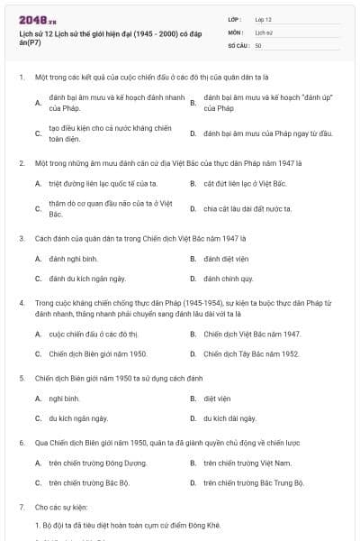 Lịch sử 12 Lịch sử thế giới hiện đại (1945 - 2000) có đáp án(P7)