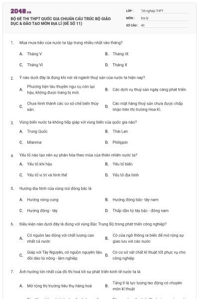 BỘ ĐỀ THI THPT QUỐC GIA CHUẨN CẤU TRÚC BỘ GIÁO DỤC & ĐÀO TẠO MÔN ĐỊA LÍ (ĐỀ SỐ 11)