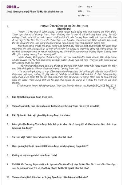 (Ngữ liệu ngoài sgk) Phạm Tử Hư lên chơi thiên tào