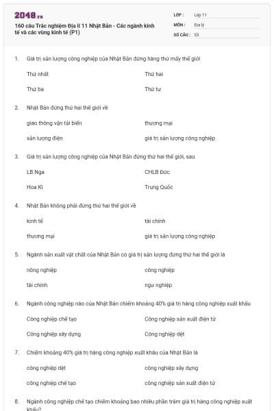 160 câu Trắc nghiệm Địa lí 11 Nhật Bản - Các ngành kinh tế và các vùng kinh tế (P1)