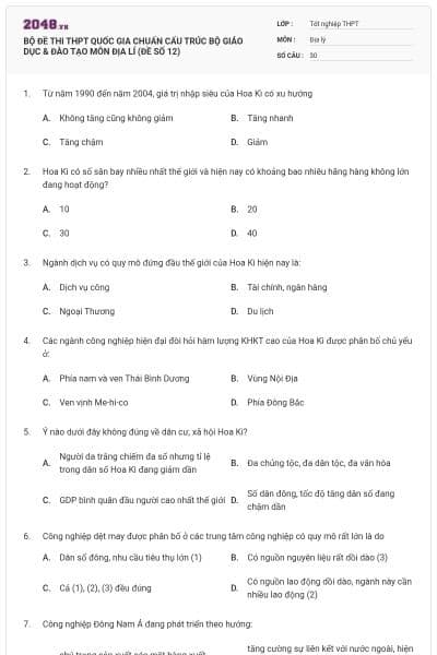 BỘ ĐỀ THI THPT QUỐC GIA CHUẨN CẤU TRÚC BỘ GIÁO DỤC & ĐÀO TẠO MÔN ĐỊA LÍ (ĐỀ SỐ 12)