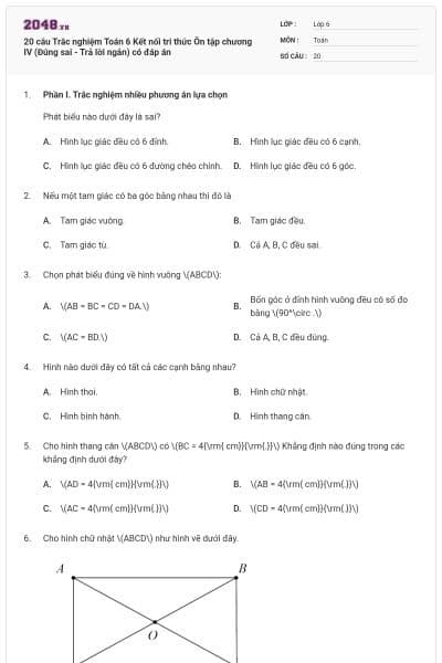 20 câu Trắc nghiệm Toán 6 Kết nối tri thức Ôn tập chương IV (Đúng sai - Trả lời ngắn) có đáp án