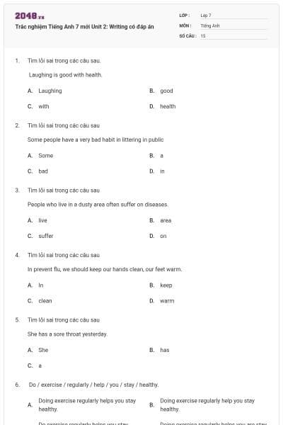 Trắc nghiệm Tiếng Anh 7 mới Unit 2: Writing có đáp án